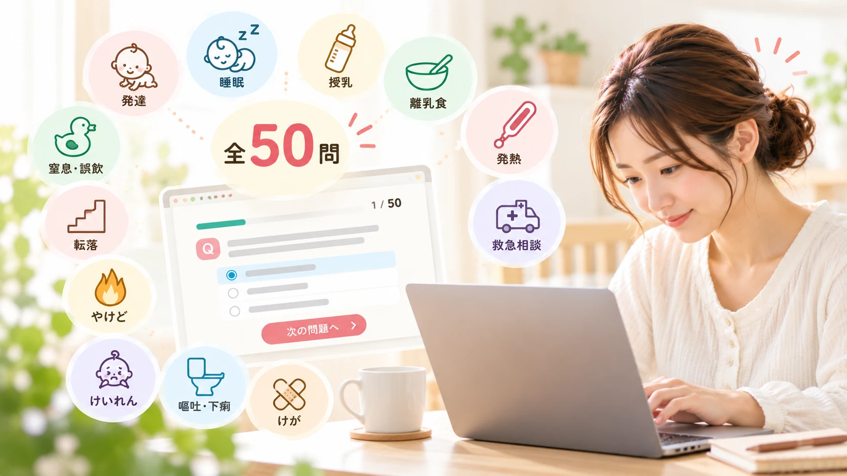 50問の認定試験で0歳育児に必要な判断力を確認するイメージ