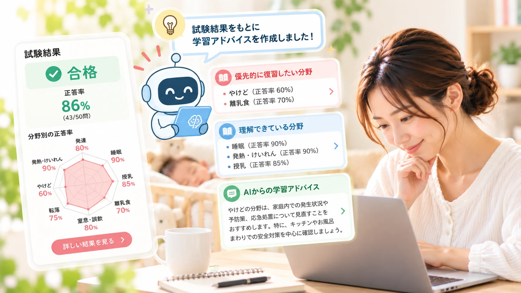認定試験の結果に合わせてAIが学習をサポートするイメージ