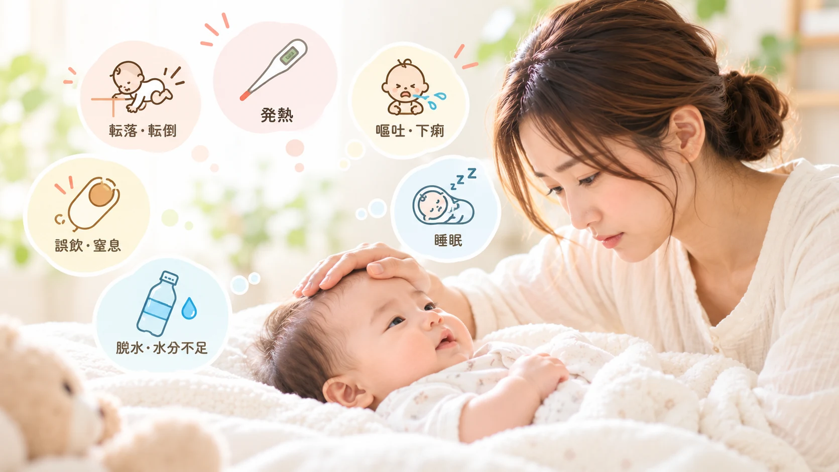 赤ちゃんの発熱や体調変化に気づき適切な判断を考えるイメージ
