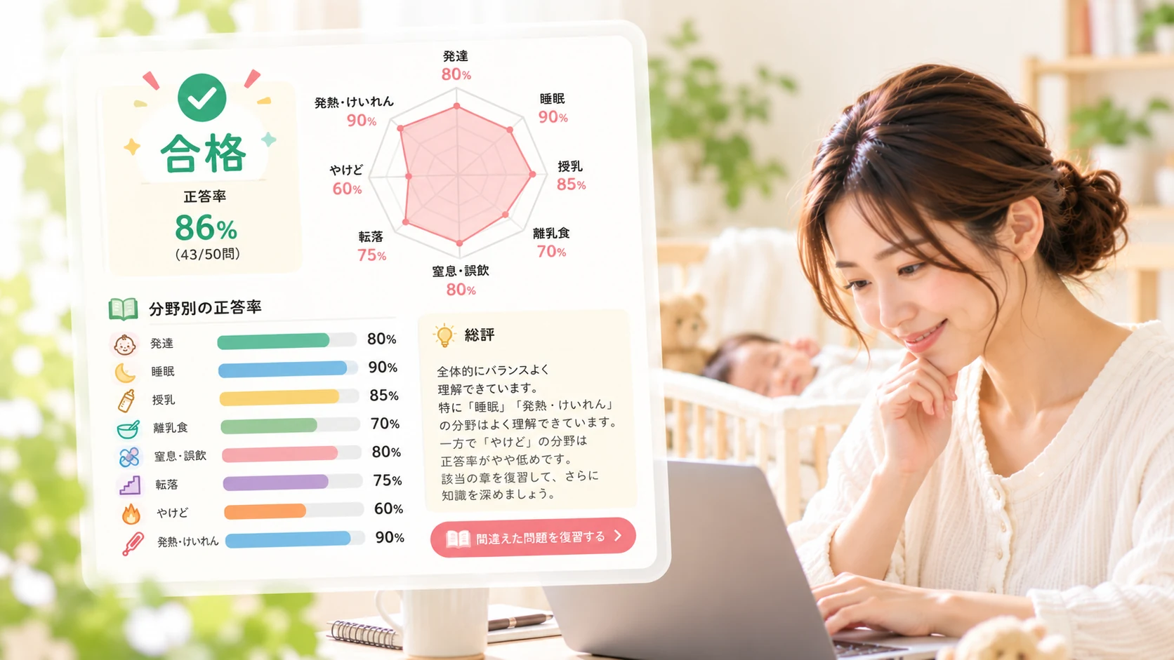 認定試験の分野別理解度をレーダーチャートで確認するイメージ