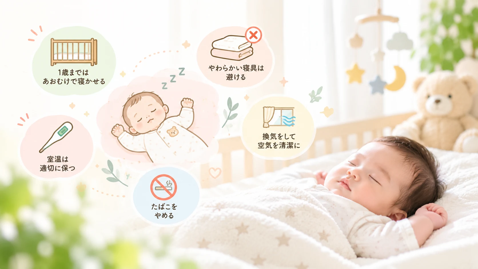 赤ちゃんの安全な睡眠環境について正しい行動を選ぶイメージ