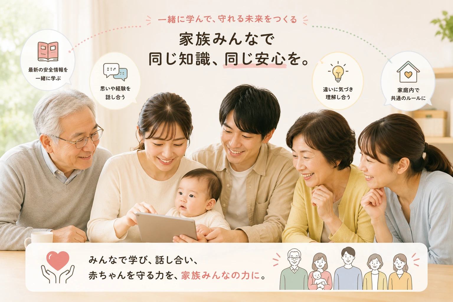 家族で赤ちゃんの安全知識を共有し、家庭内の認識をそろえるイメージ