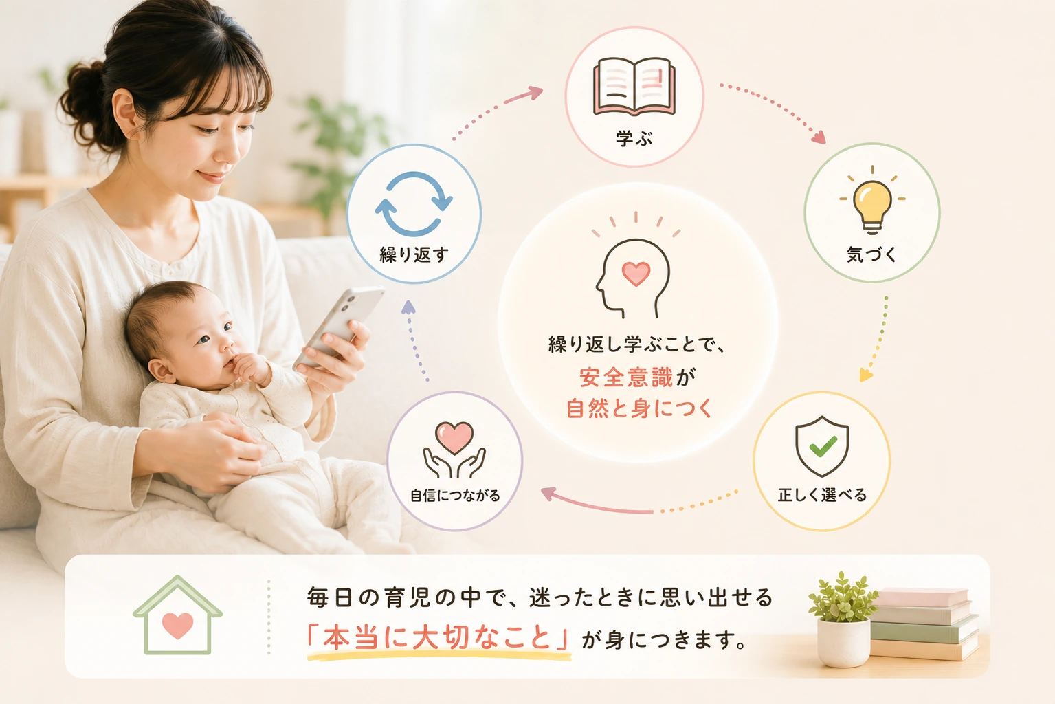赤ちゃんの安全知識を繰り返し学び、日常の判断に活かすイメージ