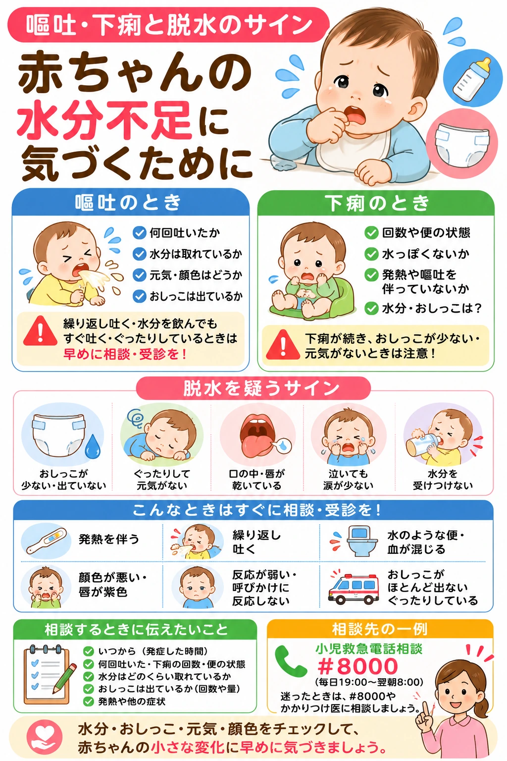 赤ちゃんの脱水サインと嘔吐・下痢で注意したい水分不足を学ぶイメージ