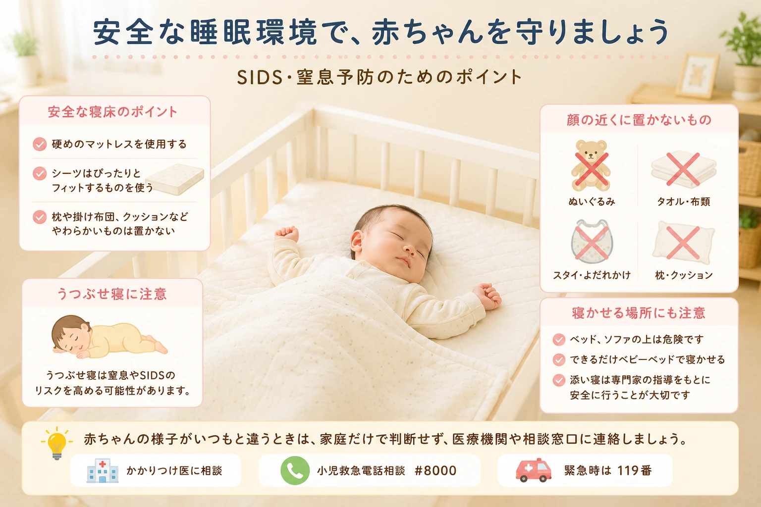 赤ちゃんの安全な睡眠環境とSIDS予防を学ぶイメージ