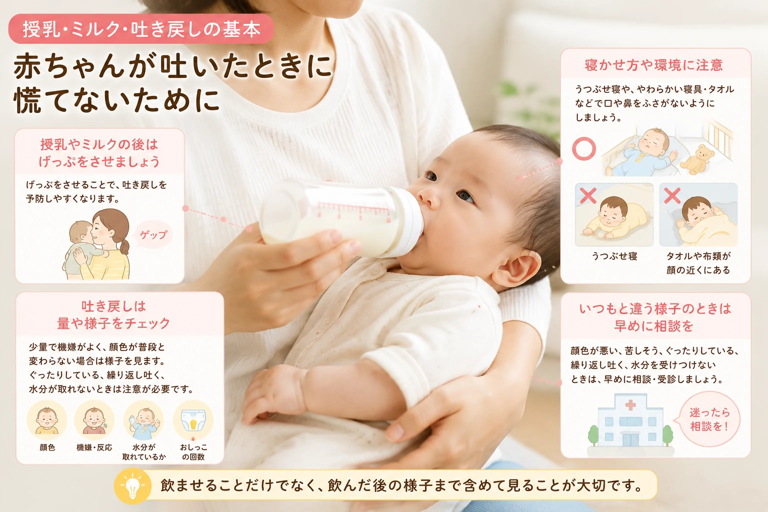 授乳、ミルク、吐き戻しの基本を学ぶイメージ