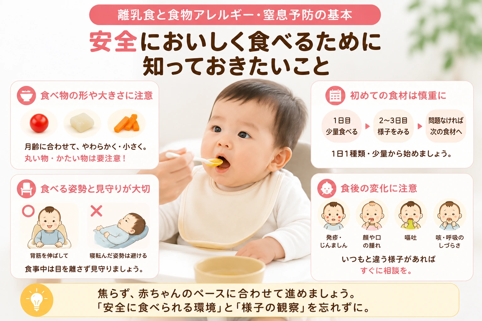 離乳食、食物アレルギー、窒息予防の基本を学ぶイメージ