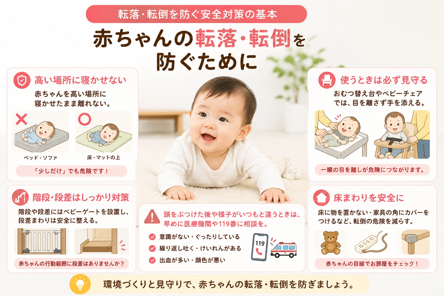 赤ちゃんの転落・転倒を防ぐ安全対策を学ぶイメージ