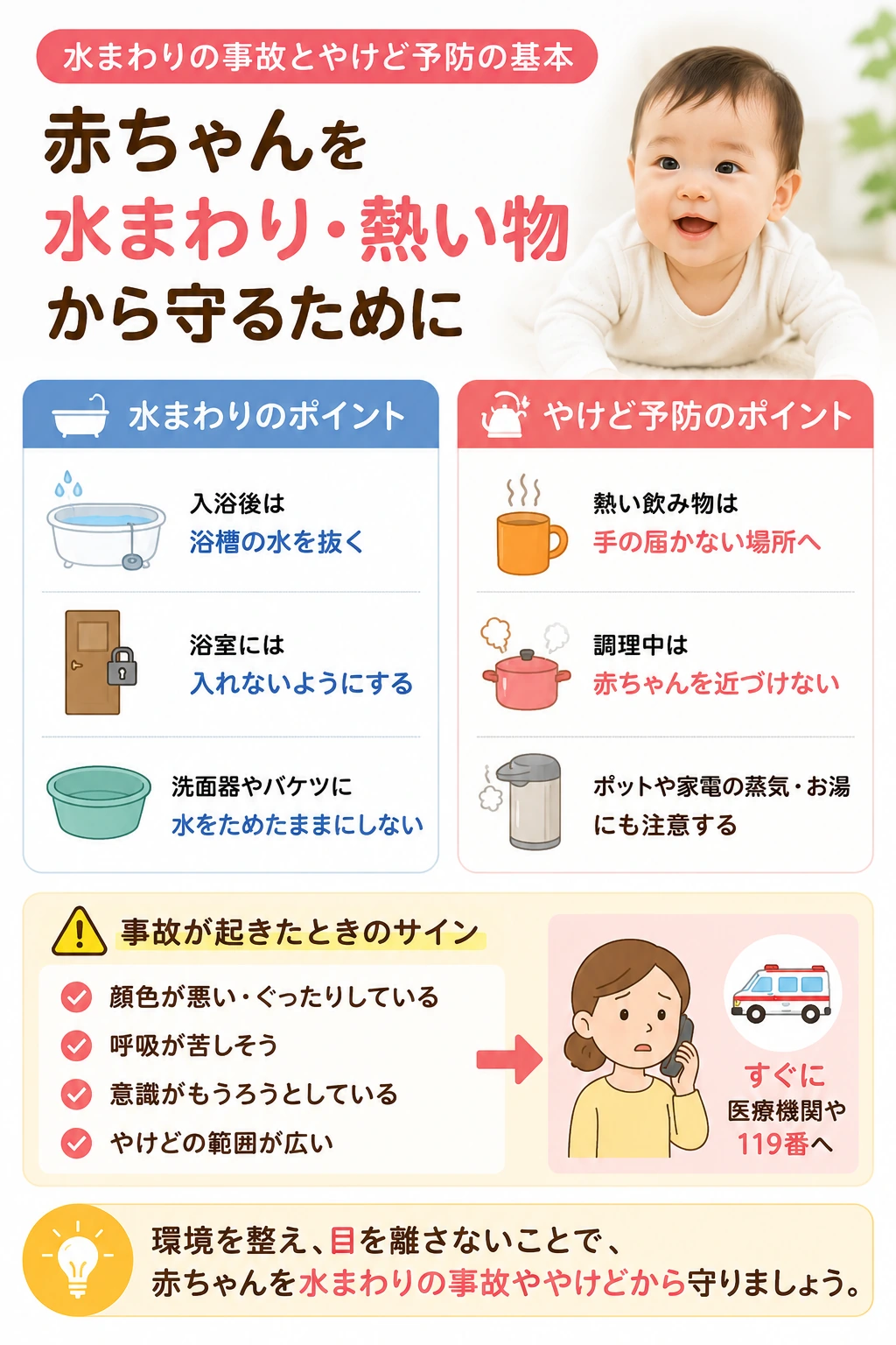 赤ちゃんの水まわりの事故とやけど予防を学ぶイメージ